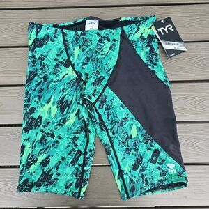 TYR Durafast Elite Swimsuit Glisade Men’s Jammer Black/ Green Splice Sz 32 NEW